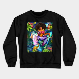 Mermaid with full afro checking her phone ii with Koi fish in koi pond with plants and flowers Crewneck Sweatshirt